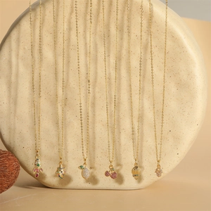 French Vintage Copper Zirconia Pendant Necklace For Women Gold Plated Shell Rocket Cherry Lemon Hand Shape Jewelry