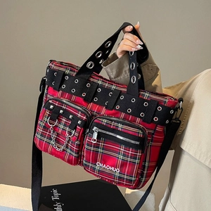 Punk Plaid Crossbody Bag Large Capacity Tartan Canvas Tote With Metal Grommet Chain Streetwear Multi Pocket