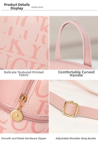 Detailed views of pink PU leather backpack showing texture, metal zipper and handle