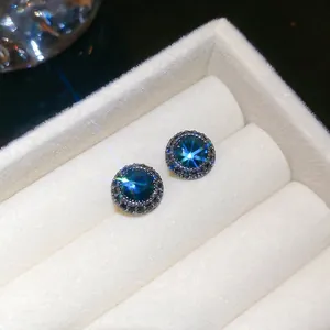 Vintage dark blue zircon round stud earrings in gun black plating on velvet box