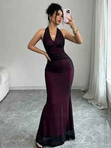 Elegant deep purple halter mermaid dress with mesh splicing hem and slim fit silhouette