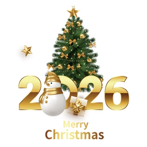 3D golden Christmas tree ornaments with 2026 numbers and festive gift boxes on white