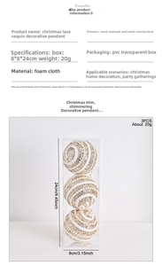 Detailed view of three champagne gold foam Christmas balls with lace and sequins in a PVC box