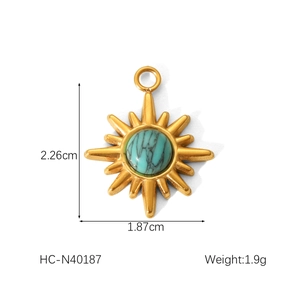 Detailed size chart of a sun-shaped stainless steel pendant with turquoise center stone