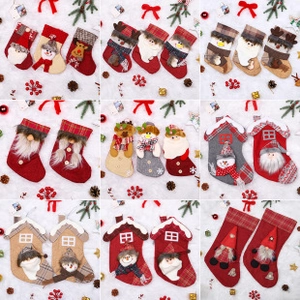 Collage of knitted Christmas stockings with 3D Santa, snowman, and reindeer patterns