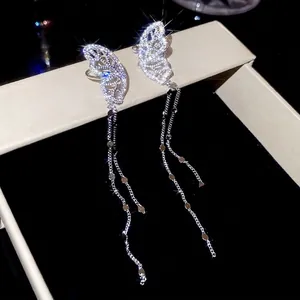 Sparkling zircon hollow butterfly tassel drop earrings in silver finish for women