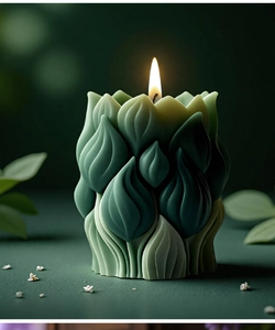 Detail of a lit tulip-shaped scented candle showing intricate carved green petals
