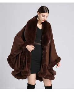 Deep brown knit poncho cardigan with plush faux rabbit fur collar and loose fit design