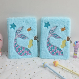 Light blue fuzzy A5 mermaid notebook with lock, featuring soft plush and sea embroidery