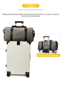 Detail view of water-resistant gym bag sleeve fixed on suitcase trolley handle
