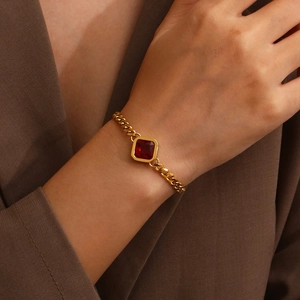 Cuban Gliederkette Armband Für Damen Edelstahl Mit Quadratischem Rotem Zirkon Elegantes Mode Schmuck Zubehör Gold