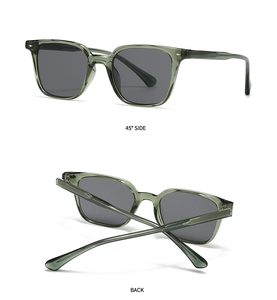 Detail view of vintage olive green square sunglasses with 45-degree and back-fold perspectives