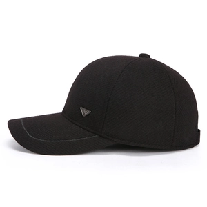 Men's winter wool baseball cap in black with warm ear flaps and metal triangle logo