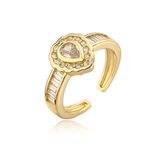Detail of 18K gold plated teardrop ring featuring emerald-cut side cubic zirconia gems