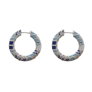 Vintage silver hoop earrings with blue zircon inlays and geometric wave design