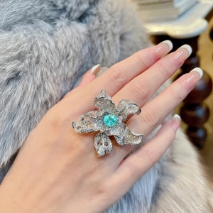 Flower Shape Adjustable Ring Copper Zircon Inlaid Blue Green Gemstone Luxury Exaggerated Statement Jewelry For Women