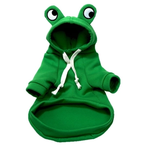 Green frog-themed hooded pet sweater with 3D eyes for small to medium dogs on white backdrop