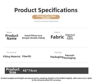 Detailed technical specifications for luxury hotel pillows with fiber filling and vacuum packing