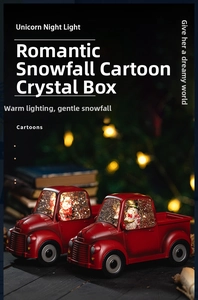 Macro detail of vintage red Christmas truck snow globe with festive Santa scene and warm lights