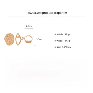 Three-piece set of oval and geometric hammered rings in gold-tone alloy weighing 14.7g