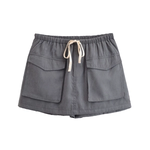 Women grey utility mini skirt with elastic drawstring waist and large flap cargo pockets