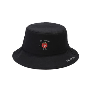 Black cotton bucket hat featuring red tomato embroidery and Mr. Tomato text on white background