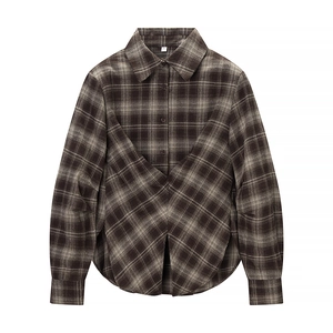 Chemise À Carreaux En Flanelle Femmes Manches Longues Boutonnée Revers Chemisier Rétro Décontracté Polyester