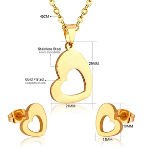 Detail of gold heart jewelry set including necklace and studs with precise dimensions