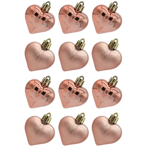 Detail of 12-piece rose gold heart ornaments with matte and glossy finishes for Christmas