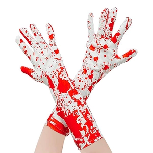 Macro shot of Halloween long white gloves featuring realistic red blood splatter patterns
