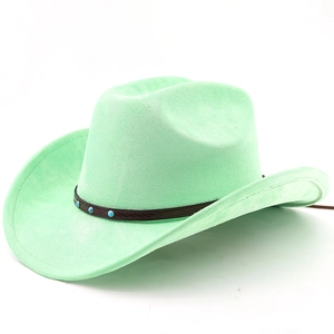 Close-up of mint green suede cowboy hat with brown leather band and turquoise studs