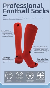 Detailed view of red football socks featuring breathable cotton and thick towel bottom sole