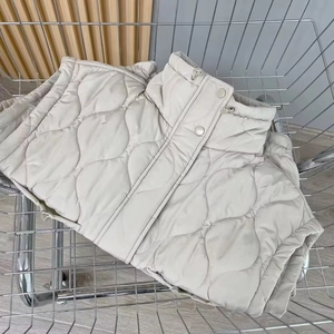 Detail of beige wave-quilted vest with stand collar and metal buttons in a shopping cart