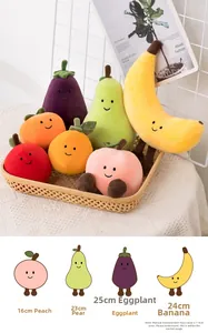 Detailed plush toy size guide showing height of banana, pear, eggplant, and peach doll