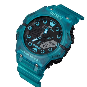 OHSEN children's sports watch with translucent teal resin strap and dual display dial
