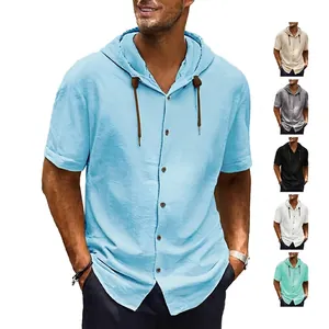 Men Linen Hooded Shirt Short Sleeve Button Down Casual Summer Breathable Lightweight Drawstring Plain Top
