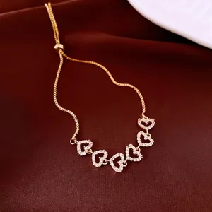 Exquisite 18K gold plated adjustable heart bracelet with pavé cubic zirconia