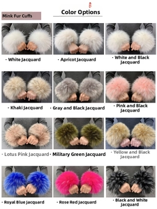 Detail of multi-color faux raccoon fur wrist cuffs showing texture and jacquard pattern