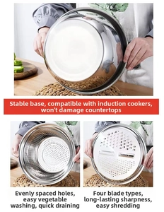 Macro detail of stainless steel basin set featuring drainage holes and slicer blades