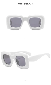 Front and side views of children's white square bubble sunglasses with dark lenses