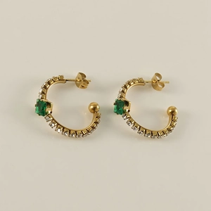 Luxury 18K gold-plated stainless steel C-shape earrings with green square gems and pavé crystals