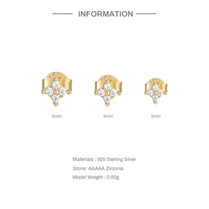 Three sizes of 925 silver flower stud earrings in gold finish with white zirconias