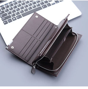 Detailed interior of long brown leather wallet showing card slots and zipper compartment