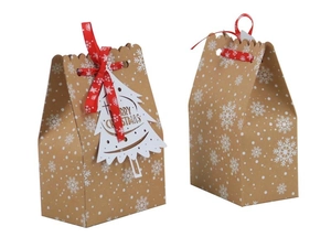 Brown kraft Christmas gift bags with red ribbons, snowflake prints and tree-shaped tags