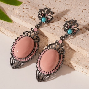 Bohemian Vintage Drop Earrings With 925 Sterling Silver Earring Post Pink Acrylic Oval Rhinestone Alloy Dangle For Women