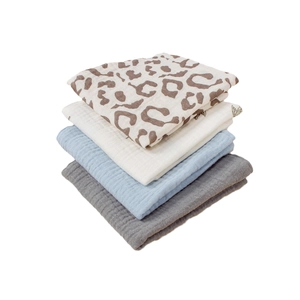 4-pack muslin baby washcloth set in leopard print, beige, light blue, and grey colors