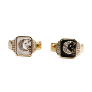 Star Moon Square Signet Ring Copper Enamel Cubic Zirconia Adjustable Open Ring Celestial Jewelry Gift For Women