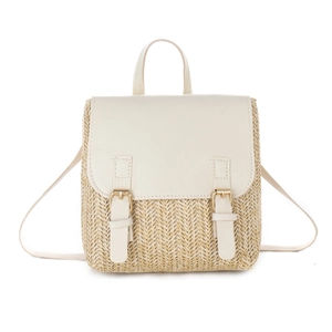 Women's woven straw and cream PU leather small backpack with elegant gold buckles