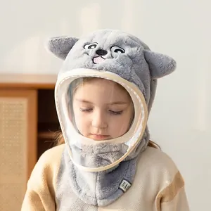 Winter plush animal hat for kids with integrated face shield and fleece neck warmer