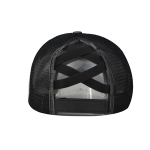 Detail of cross elastic bands on black ponytail mesh baseball cap with velcro closure